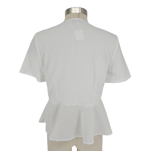 English Factory Peplum Tie Top White Short Sleeve Button V Neck Shirt Medium - Picture 3 of 5